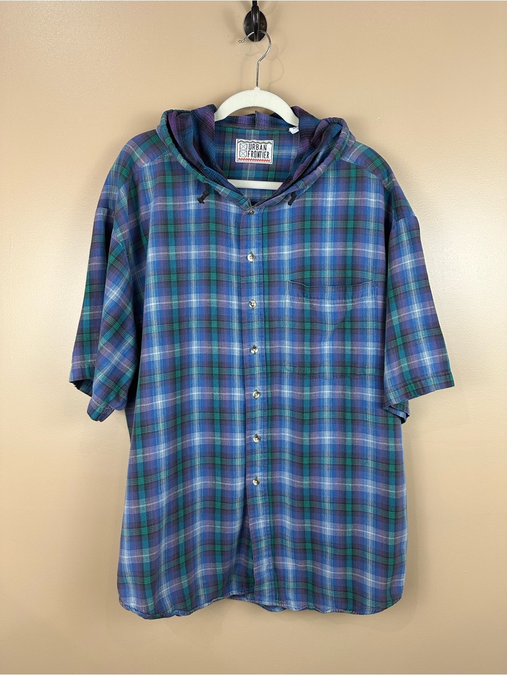 Vintage Urban Frontier Plaid Hooded Flannel Shirt Short Sleeve Mens L 90s